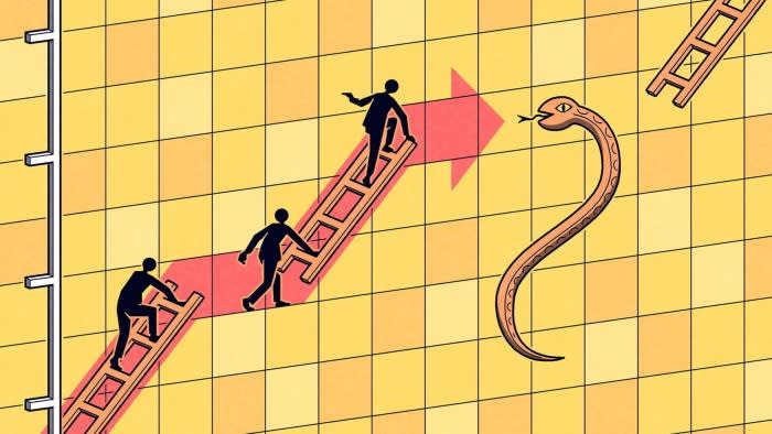 Illustration of a snakes and ladders board with three figures climbing ladders, following an arrow heading towards a snake