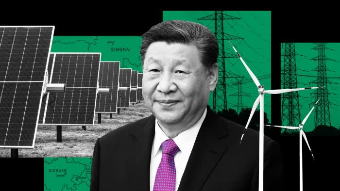 Montage of images of Xi Jinping against a backdrop of solar panels, wind turbines and power pylons