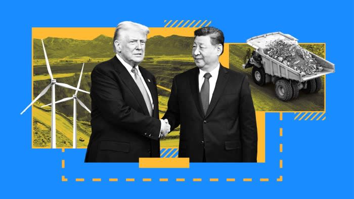 A montage of Donald Trump and Xi Jinping shaking hands in front of windmills and a truck