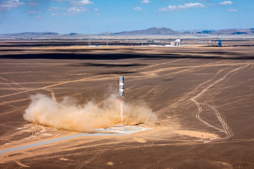 The Zhuque-3 rocket completes a launch test at a site in China’s northwestern Gansu province last year. The device is one of several reusable rockets under development in China. Photo: Getty Images
