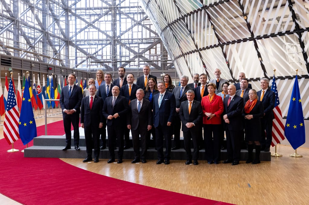 (Front row from left) US Trade Representative Jamieson Greer, US Commerce Secretary Howard Lutnick, Danish Foreign Minister Lars Lokke Rasmussen and EU trade and economic security commissioner Maros Sefcovic with EU trade ministers in Brussels on Monday. Photo: AP