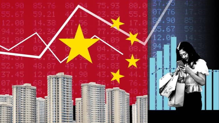 Montage of images of a woman carrying shopping bags, a city skyline and charts against a background of the Chinese flag