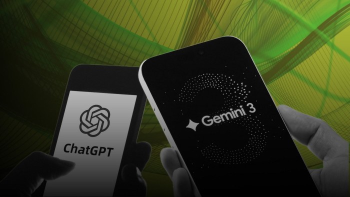 Two hands hold smartphones displaying the ChatGPT and Gemini 3 logos against a green abstract background