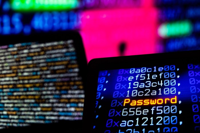 Computer code and text displayed on computer screens. 