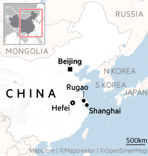 Map of China showing the capital Beijing, the cities of Shanghai and Hefei and Rugao