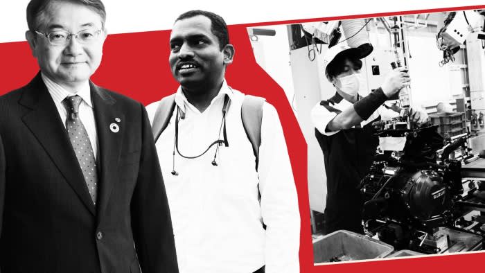 A montage of Yusuke Nakano, Sundararaj Muthu Selvan and a Suzuki worker at the company’s Hamamatsu plant