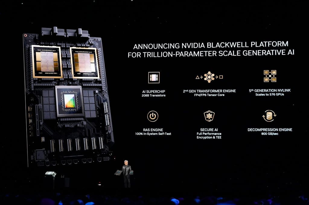 Nvidia CEO Jensen Huang presents the Blackwell chip platform during the company’s GTC event, a global AI conference for developers, in San Jose, California, on March 18, 2024. Photo: AP Nvidia CEO Jensen Huang presents the Blackwell chip platform during the company’s GTC event, a global AI conference for developers, in San Jose, California, on March 18, 2024. Photo: AP
