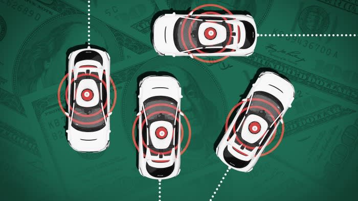 Montage of images of aerial view of four Waymo cars navigating around each other on a background of hundred dollar bills