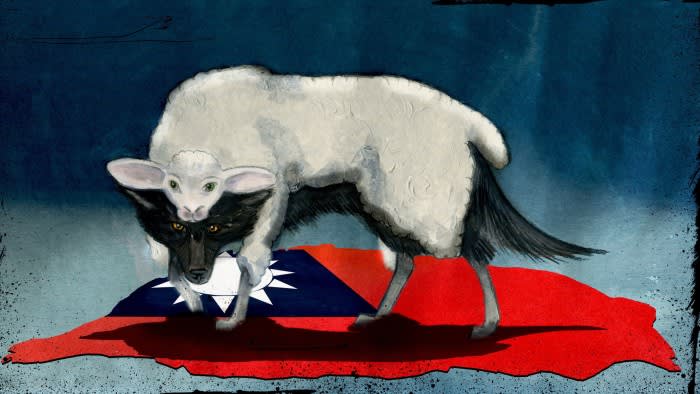 Ann Kiernan illustration of a wolf in sheep’s clothing standing on the flag of Taiwan