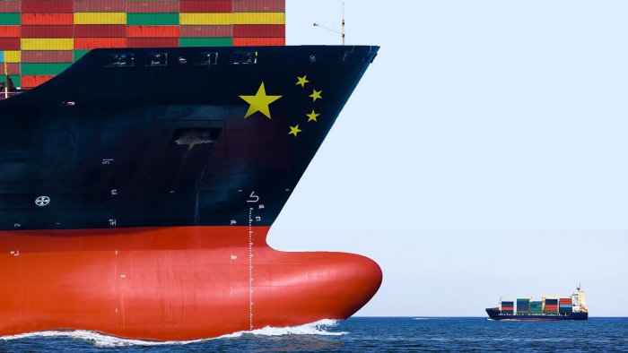 Illustration of a cargo ship full of containers; with a black Chinese flag on the side.
