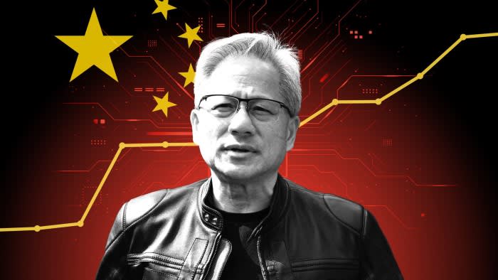 Montage image of Jensen Huang, a circuit board, chart lines and the Chinese flag