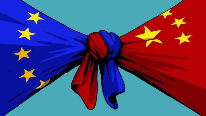 Illustration of EU and China flags knotted together in the center