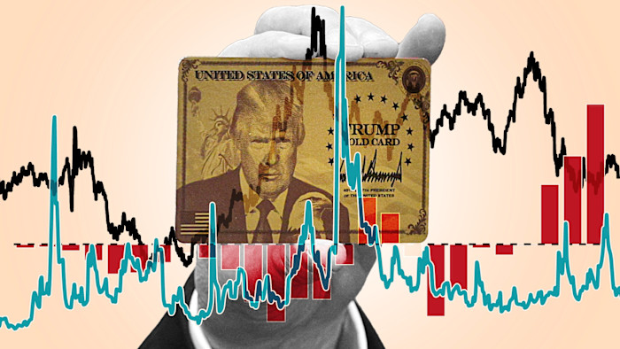 Illustration showing a hand holding a gold card with Donald Trump’s portrait, overlaid with fluctuating financial charts