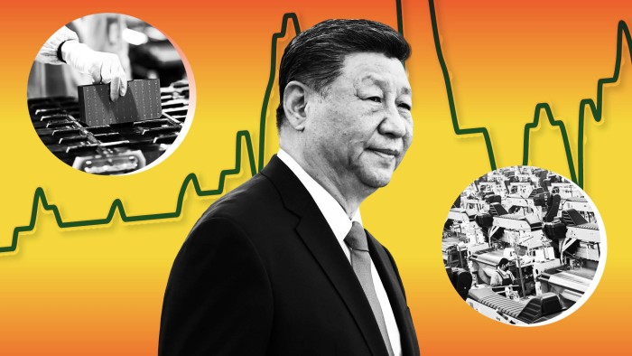 A montage showing Xi in front of a graph line and images from two Chinese factories