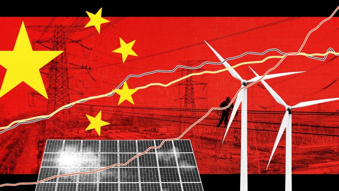 Montage of electric power, solar panels, wind turbines, Chinese flag and line chart