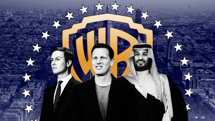 David Ellison stands between Jared Kushner and Mohammed bin Salman, with Paramount stars and the Warner Bros logo superimposed on the Riyadh skyline