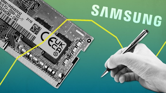 Montage image of a computer memory chip, a hand with a pen, and the Samsung logo