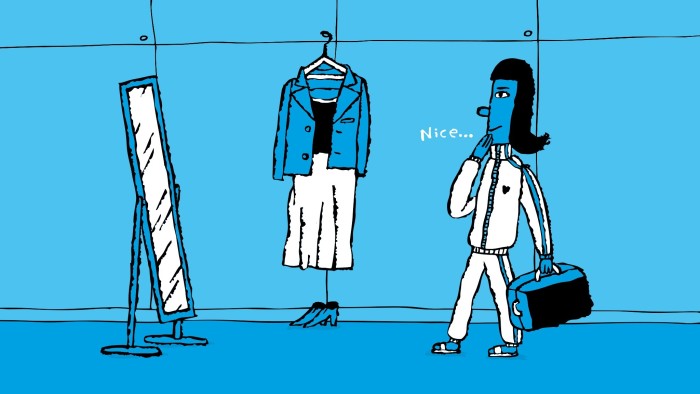 Illustration of a woman wearing a tracksuit looking in the mirror and holding a suitcase while saying ‘nice . . . ‘ with a smart dress hanging up in the background
