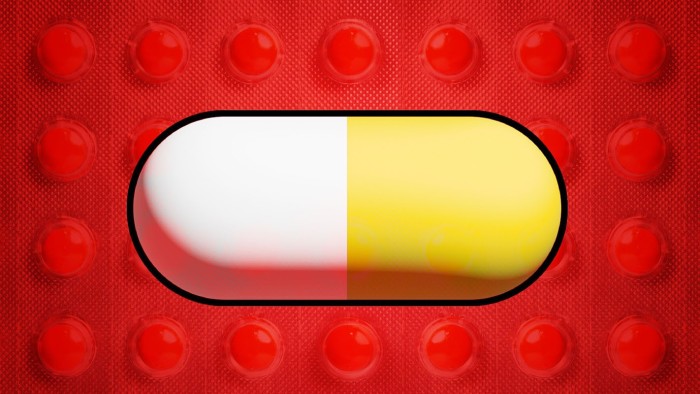 Montage image of a white and yellow pill, with a red pill packet in the background