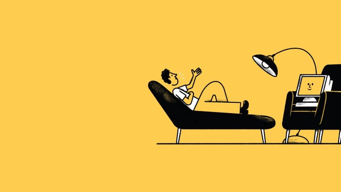 Cartoon of a man lying back on a therapist’s couch, talking to a computer which is in the therapist’s chair