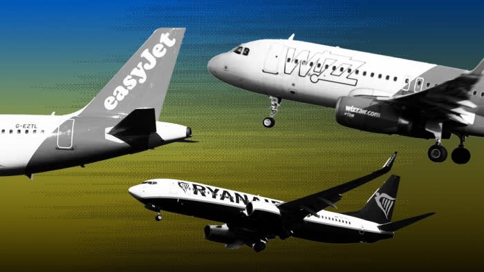 EasyJet, Wizz Air, and Ryanair planes shown against a gradient background, each with visible airline branding.