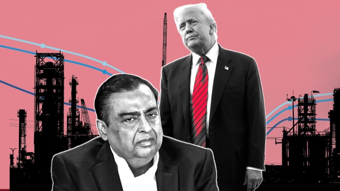 Montage shows Mukesh Ambani and Donald Trump against a backdrop of an oil refinery and a line of data