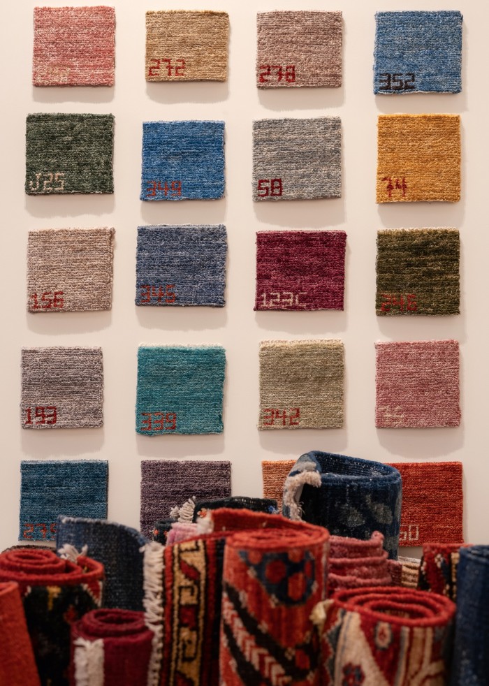 A selection of swatches on display for the hand-knotted rugs