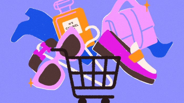 An illustration showing a shopping cart filled with luxury items, including perfume, sunglasses, a handbag, a shoe, and a watch