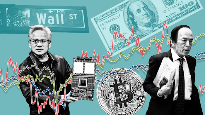 A montage of Jensen Huang holding a computer chip, Kazuo Ueda carrying documents, a Wall Street sign, US dollar note, bitcoin symbol, and stock charts in the background