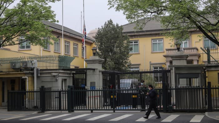 The Union Jack flag flies at half-mast at the British Embassy in Beijing following the death of Prince Philip.