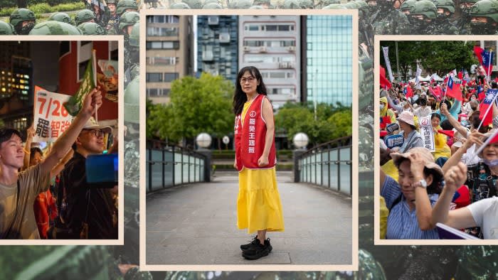 Montage of images of pro-DPP protesters, a portrait of Chen Ru-fen, and pro-KMT supporters, against a background photo of Taiwanese reservists in combat training