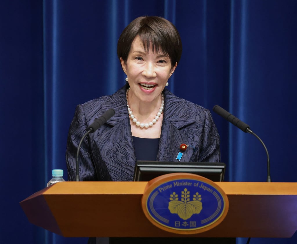 Sanae Takaichi speaks at her first press conference as Japan’s prime minister. Photo: AFP