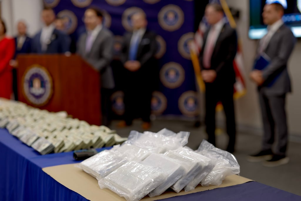 Seized packages of fentanyl and cash are displayed at the Atlanta Federal Bureau of Investigation headquarters in Atlanta, Georgia, last month. Photo: EPA Seized packages of fentanyl and cash are displayed at the Atlanta Federal Bureau of Investigation headquarters in Atlanta, Georgia, last month. Photo: EPA
