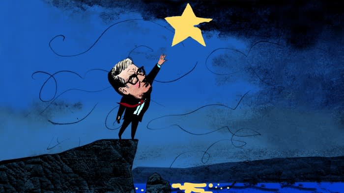 An illustration showing Keir Starmer standing on a cliff, reaching towards a large yellow star in a dark blue sky.