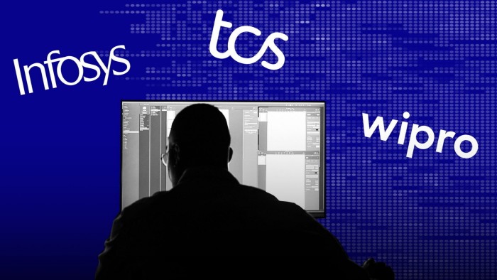 The logos of Infosys, Tata Consultancy Services and Wipro with a person on a computer silhouetted in the foreground