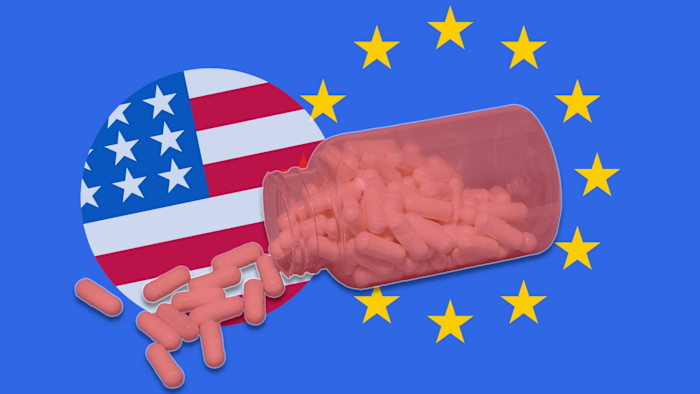 An illustration showing a pill bottle spilling pink capsules over the overlapping flags of the US and EU.