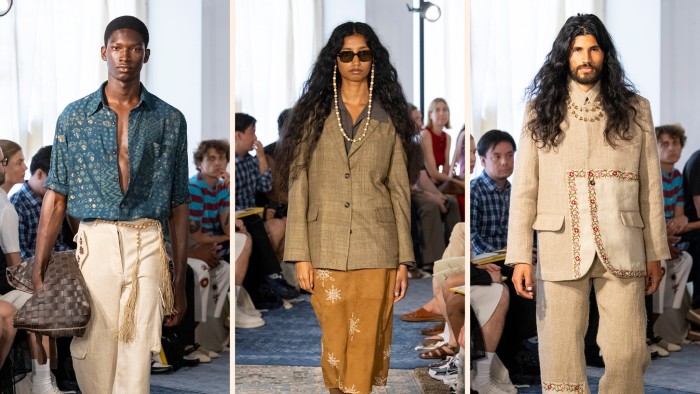A montage of three images showing three models on a catwalk. The to men are wearing loose trousers and shirts with embroidery details. The woman is wearing an embroidered skirt and a jacket.