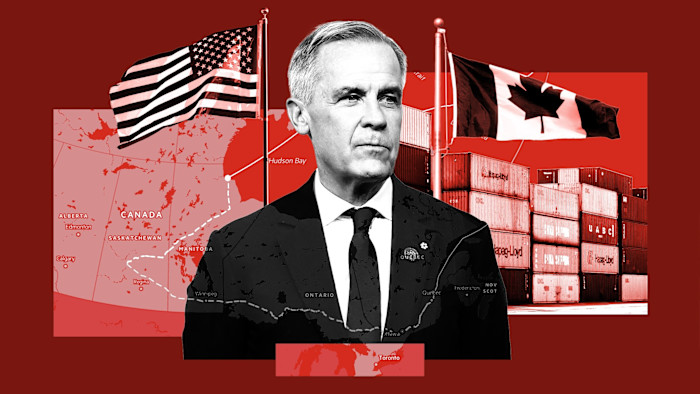 Montage of images of Mark Carney against a background of the US flag, Canadian flag, map of Canada and a picture of shipping containers