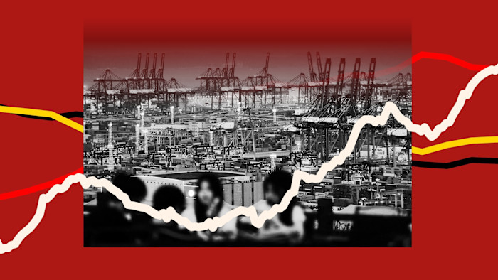 Montage showing a shipping port on red background with chart lines