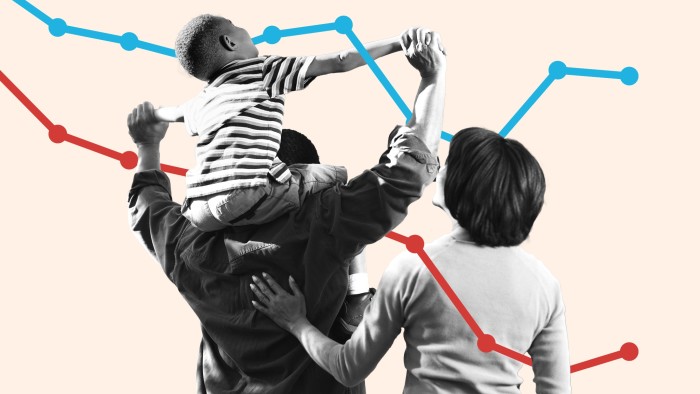 FT montage of a father and mother, with a child on the father’s shoulders and chart lines running behind them