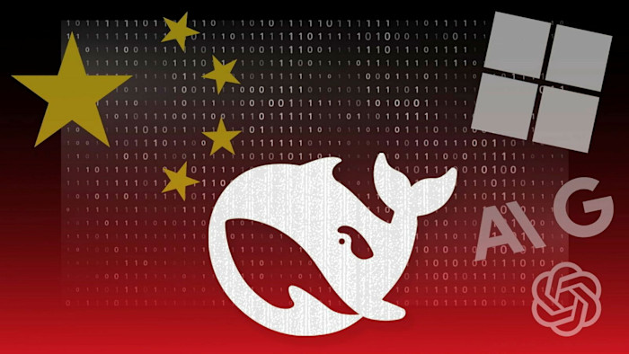 A montage showing the DeepSeek logo over a Chinese flag background, with binary code and logos of Google, Microsoft, ChatGPT and Anthropic
