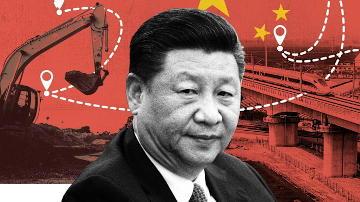 Xi Jinping in front of a collage showing construction equipment, a high-speed train, and map route icons, referencing the Belt and Road Initiative.