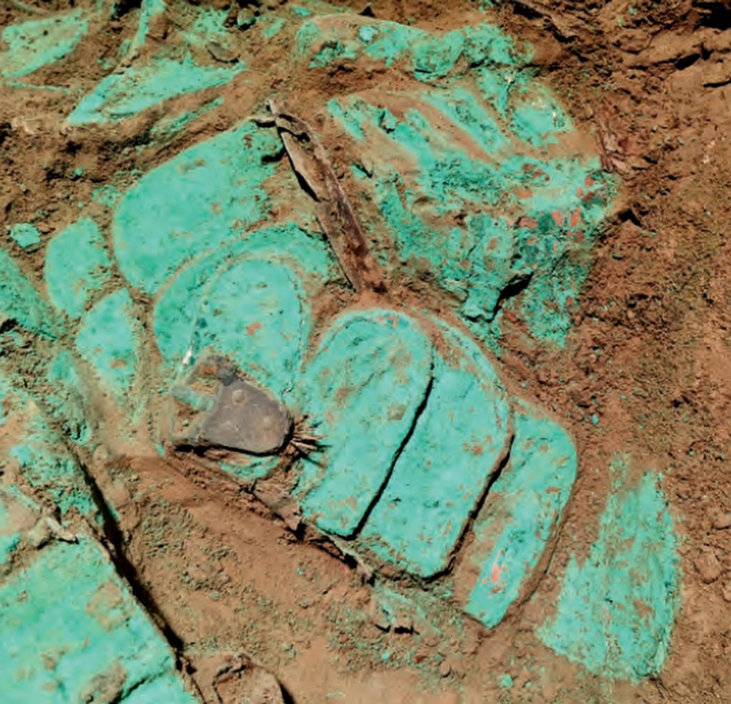 Armour pieces are seen during the excavation. Photo: Handout