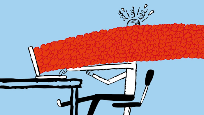 Illustration of a dense flood of hearts coming out of a laptop screen and covering a person sitting at the desk