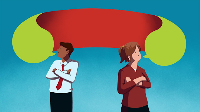 An illustration showing two people with arms crossed and facing away from each other, their speech bubbles connecting above to form a larger shared space