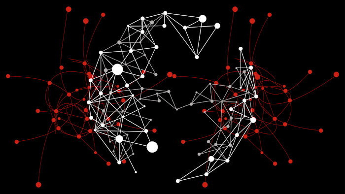 Digital illustration of a global network, represented by linked nodes and lines, with red accents indicating activity