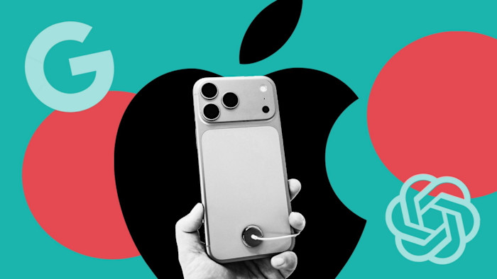 A hand holds an iPhone in front of large Apple, Google and OpenAI logos on a teal and red background.