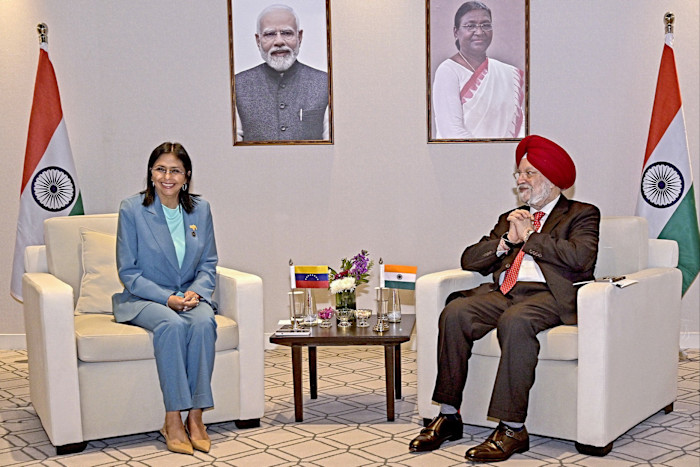 Then-Venezuelan vice-president Delcy Rodriguez, left, and India’s oil minister Hardeep Singh Puri, right, during a meeting at India Energy Week in New Delhi in February 2025 