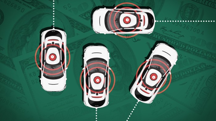 Montage of images of aerial view of four Waymo cars navigating around each other on a background of hundred dollar bills