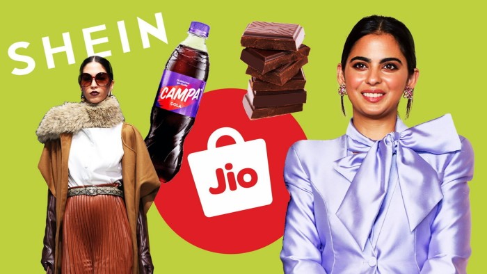 A montage of Isha Ambani, the JioMart logo, a stack of chocolates, a Campa Cola bottle and a model posing next to the Shein logo.
